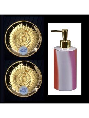 new CERAMIC Wild Sage Tiger Wash Stripe LOTION DISPENSER + Cassidy Round TRAYs